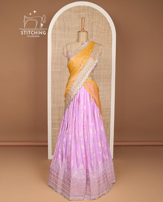 Lavender floral buttas embroidery tissue half saree with self embroidery border, zari design blouse & floral vine design dhavani