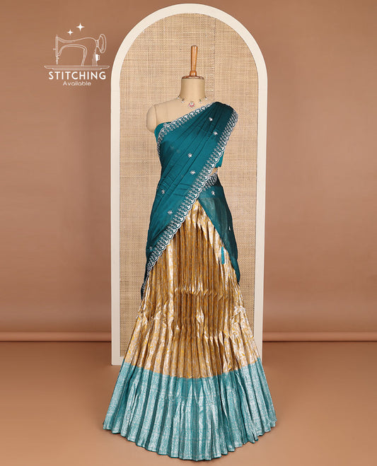 Sandal floral jacquard half saree with contrast intricate zari border, embroidered blouse & floral embroidery scallop border dhavani