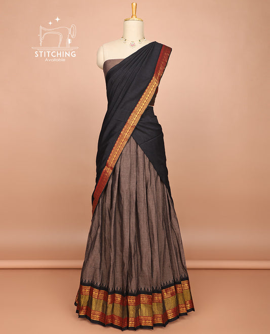 Brown cotton half saree with contrast rettai pettu zari border, zari design blouse & intricate zari design dhavani