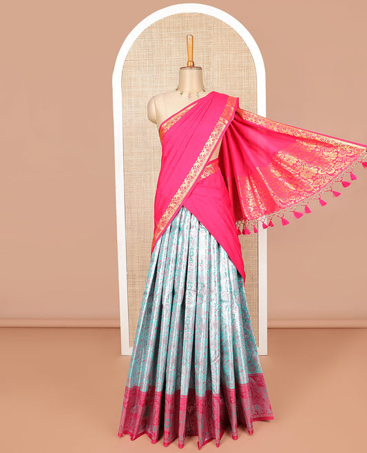 Sky blue floral jacquard design art silk half saree with contrast intricate zari design border, zari design blouse & floral design dhavani