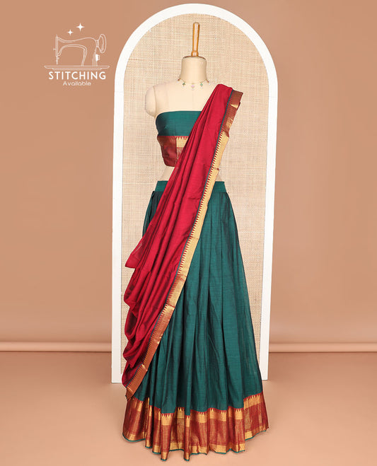 Dark green cotton half saree with checked, temple border, zari design blouse & zari design border dhavani