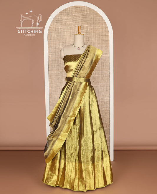 Gold color floral buttas tissue half saree with contrast zari design border, floral design blouse & floral design dhavani