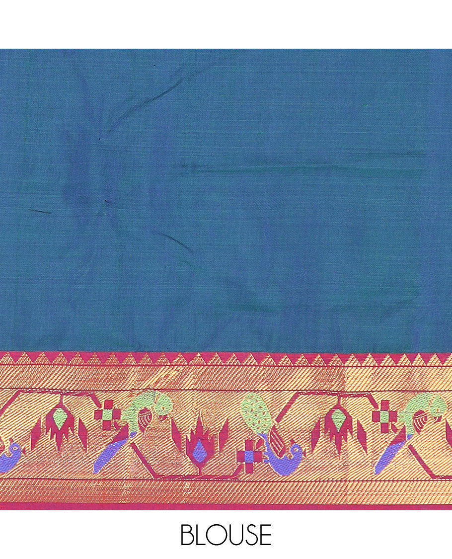Blue cotton half-saree, plain with contrast paithani bordered skirt, matching blouse, and a contrast zari border dhavani