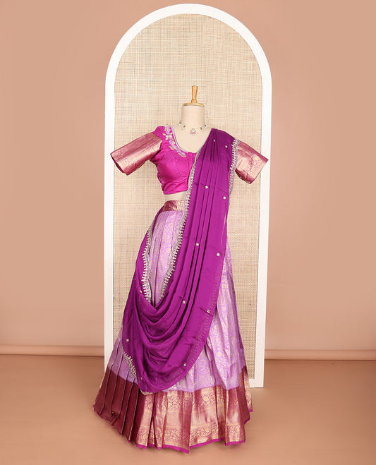 Purple floral art silk half saree with contrast zari design border, embroidered blouse & floral embroidery dhavani