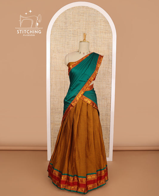 Brown striped cotton saree with contrast intricate zari design, zari design blouse & plain, elephant design border dhavani