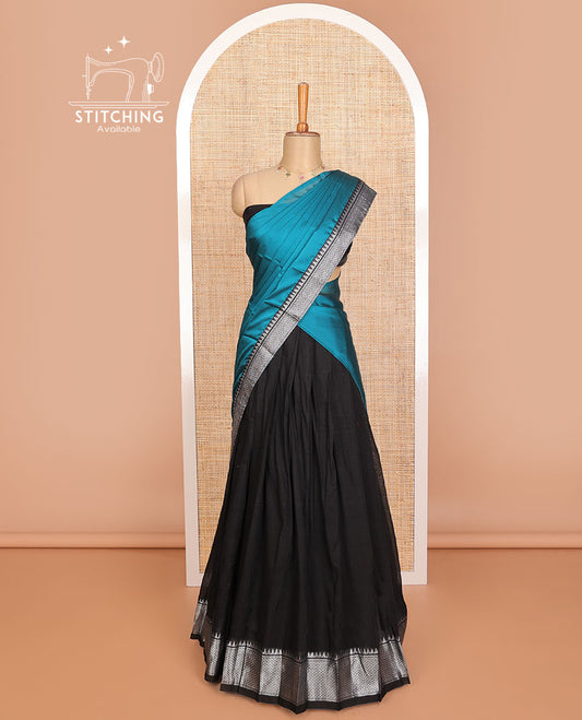 Black cotton half saree with self traditional zari design border, zari design blouse & plain, zari design border dhavani