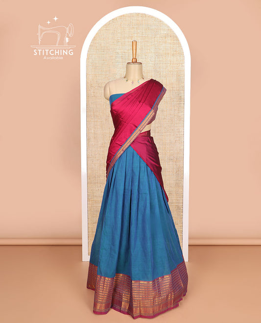 Blue cotton half saree with contrast intricate zari design border, zari design blouse & zari design border dhavani