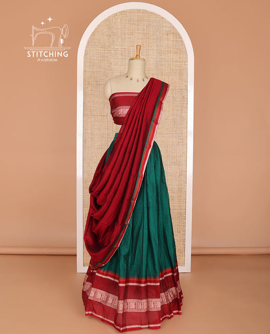 Green cotton half saree with contrast zari design border, zari design blouse & zari design border dhavani