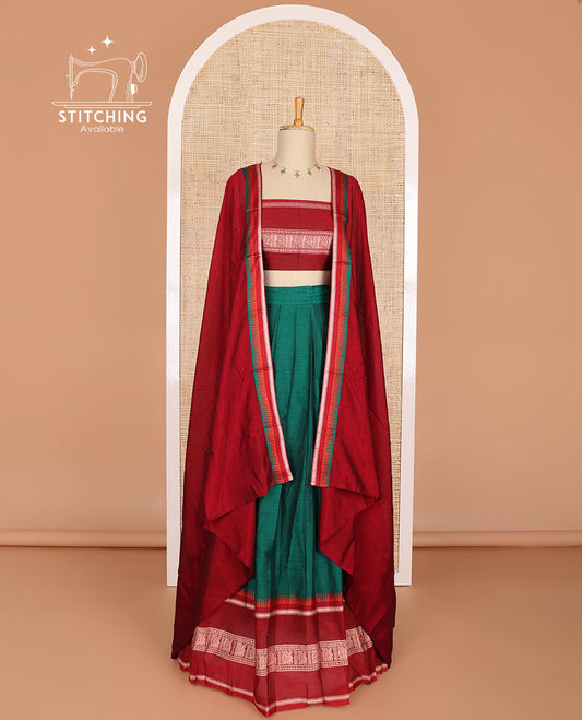 Green cotton half saree with contrast zari design border, zari design blouse & zari design border dhavani