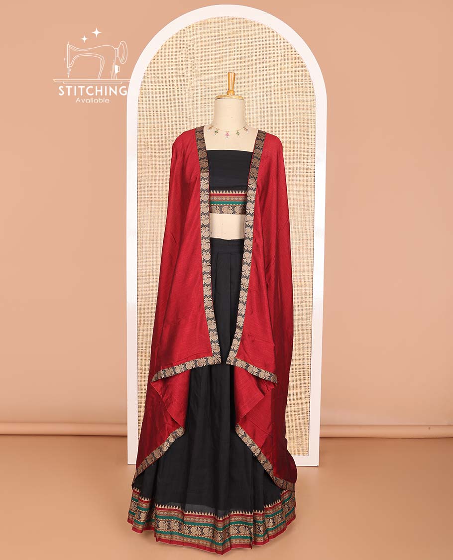 Black cotton half saree with contrast intricate zari design border, zari design blouse & peacock border dhavani