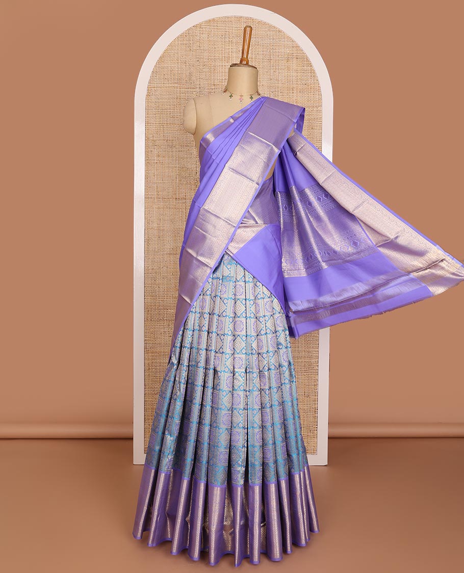 Blue jacquard pure-mix half saree,contrast zari design dhavani,border & blouse of thilakam,cross kamalam,kodi visiry,jaal