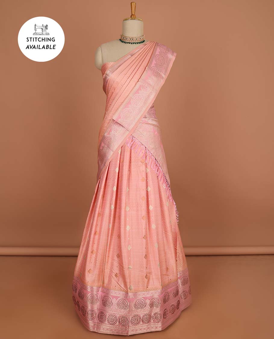 Green floral buttas half sare with contrast zari border, zari design blouse & intricate zari design dhavani