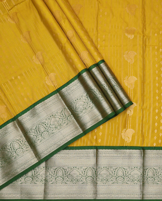 Mustard yellow art silk pavadai material set, zari design pavadai, contrast blouse & traditional zari border