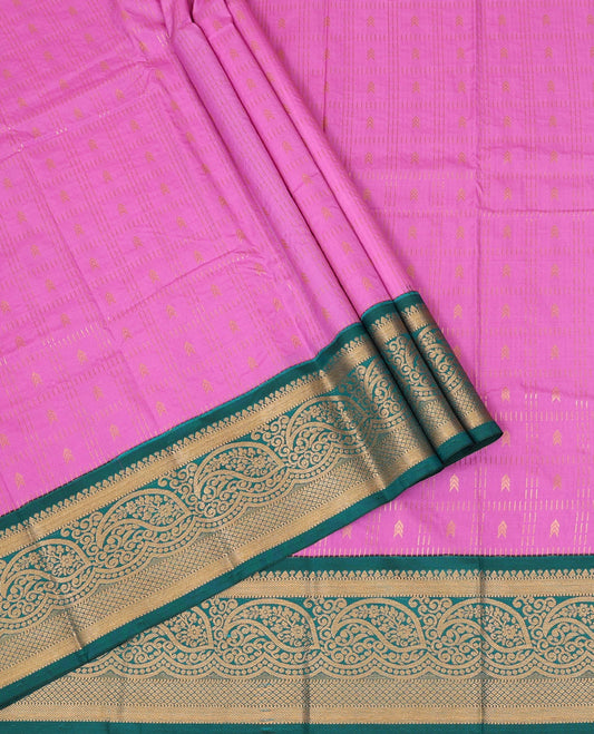 Pink  Art Silk Pavadai Material Set, Prettified with Zari Butta Enclosed Checks All Over the Skirt, Complemented by a Contrast Paisley Zari Border, and Paired with a Contrast Blouse