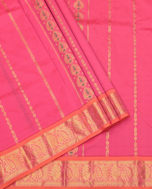 Pink Art Silk Pavadai Material Set, Richly Detailed with Zari Designs on Its Skirt, Complemented by a Contrast Traditional Zari Border, and a Matching Blouse