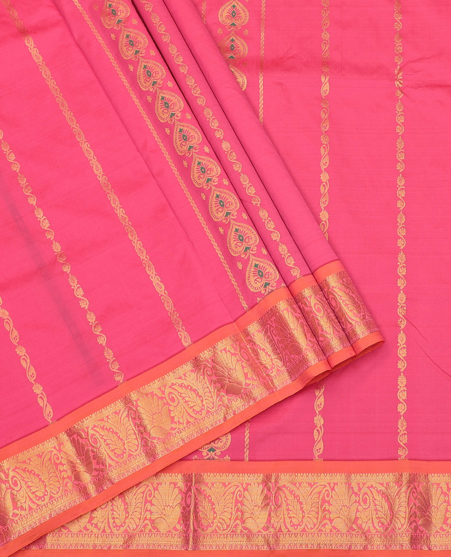 Pink Art Silk Pavadai Material Set, Richly Detailed with Zari Designs on Its Skirt, Complemented by a Contrast Traditional Zari Border, and a Matching Blouse