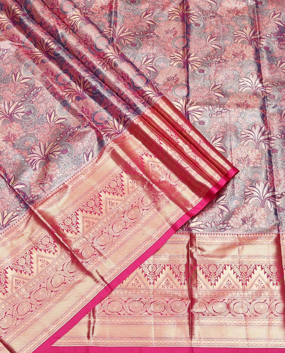 Violet Art Silk Half-Saree, Woven with Tropical Floral Jacquard Design, Contrast Traditional Zari Border, Paired with a Contrast Jacquard Blouse, and an Intricate Dhavani