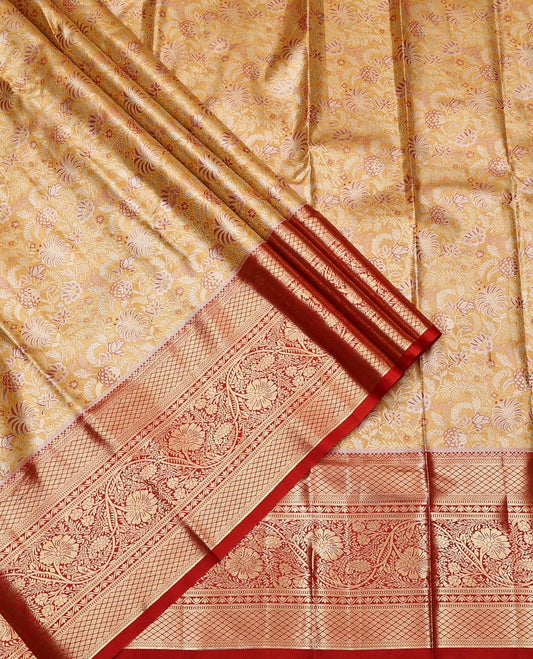 Yellow Art Silk Half-Saree, Gleamed Up with Jacquard Design, Contrast Traditional Zari Border, Paired with a Contrast Jacquard Blouse, and an Intricate Dhavani