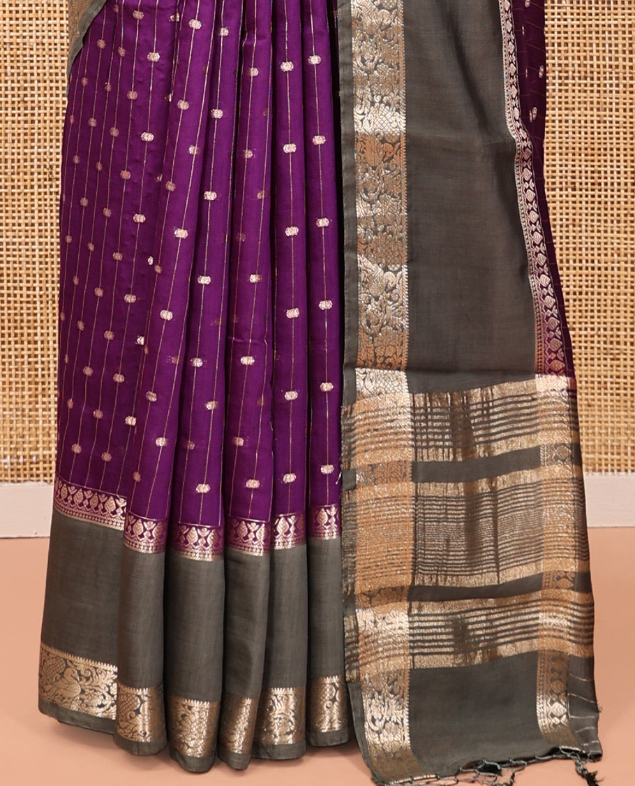 Purple Assam Silk Saree, Detailed with Zari Stripes, Complemented by Contrast Traditional Zari Border, Gleaming Striped Pallu, and Contrast Blouse