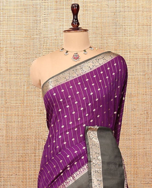 Purple Assam Silk Saree, Detailed with Zari Stripes, Complemented by Contrast Traditional Zari Border, Gleaming Striped Pallu, and Contrast Blouse
