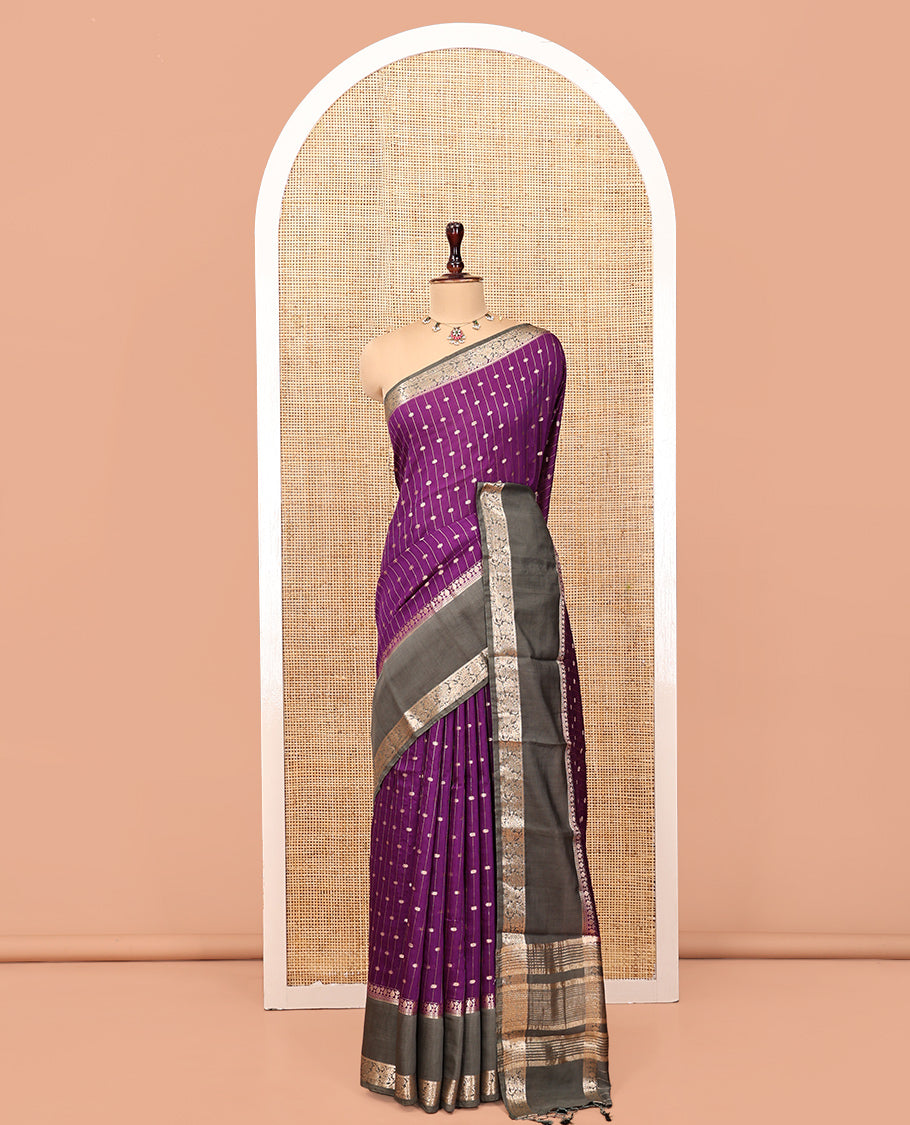 Purple Assam Silk Saree, Detailed with Zari Stripes, Complemented by Contrast Traditional Zari Border, Gleaming Striped Pallu, and Contrast Blouse