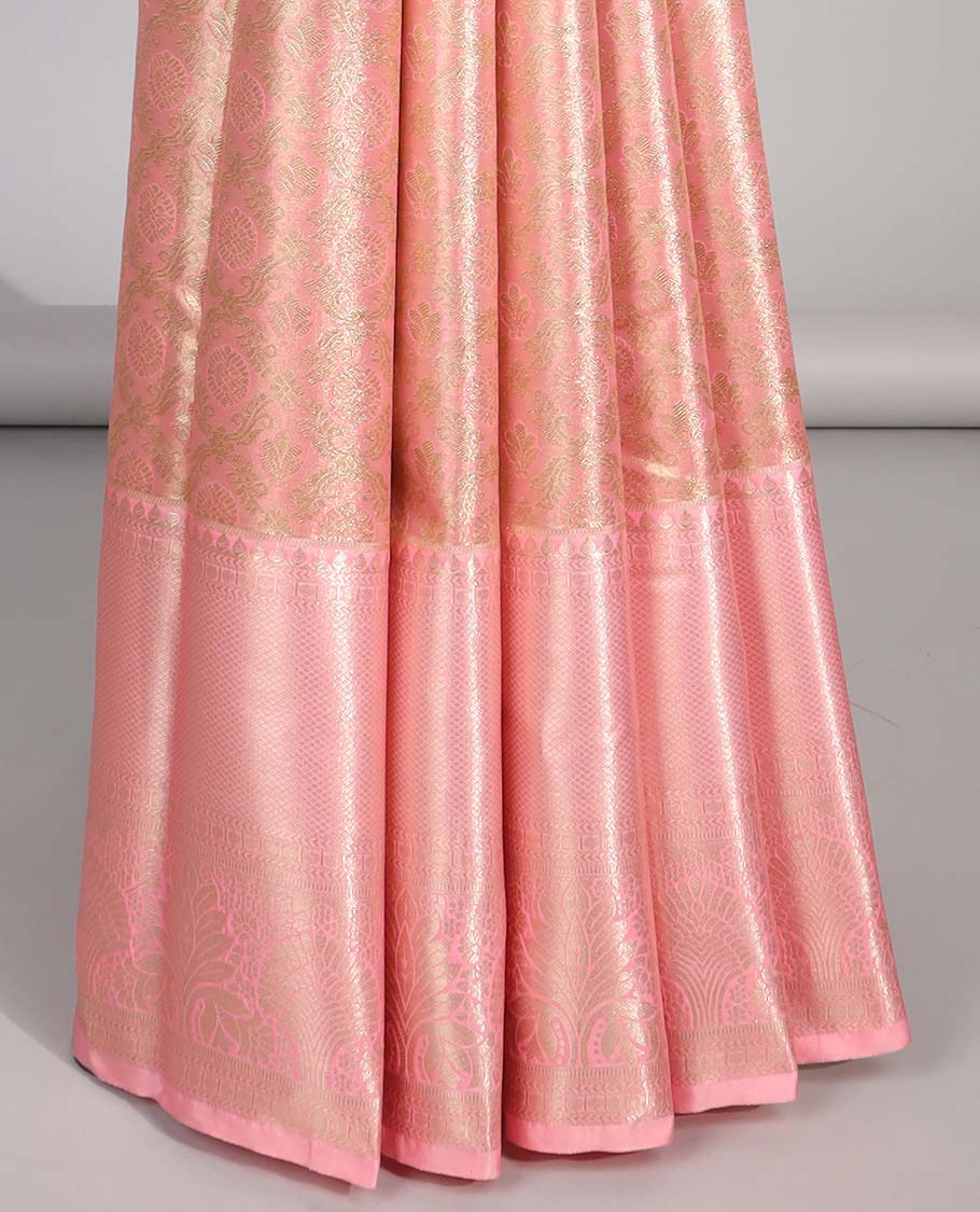 Orange floral enclosed with checked design budget silk saree with contrast zari border & intricate zari design pallu