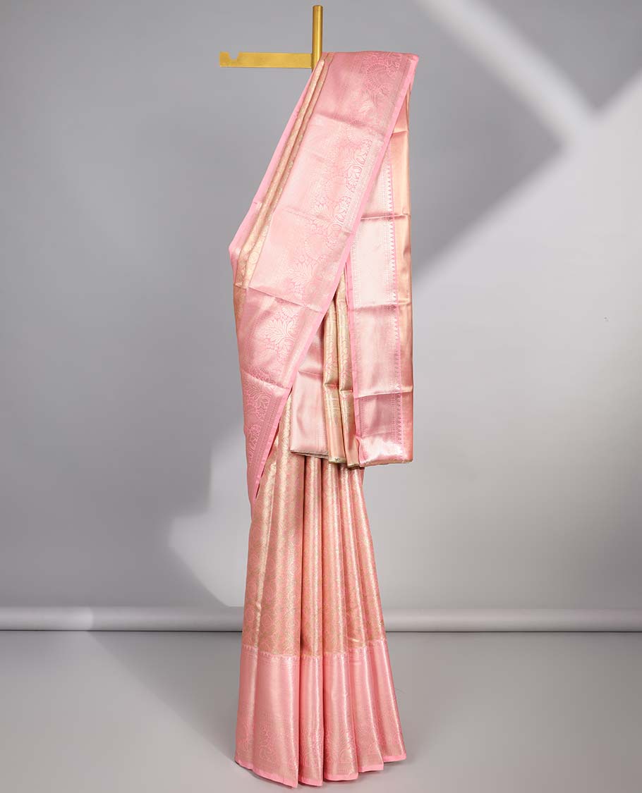 Orange floral enclosed with checked design budget silk saree with contrast zari border & intricate zari design pallu