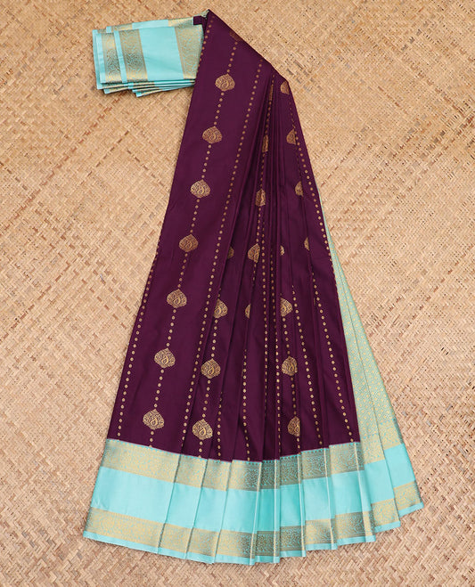Purple zari design budget silk saree, contrast traditional zari rettai pettu border, and jaal pallu