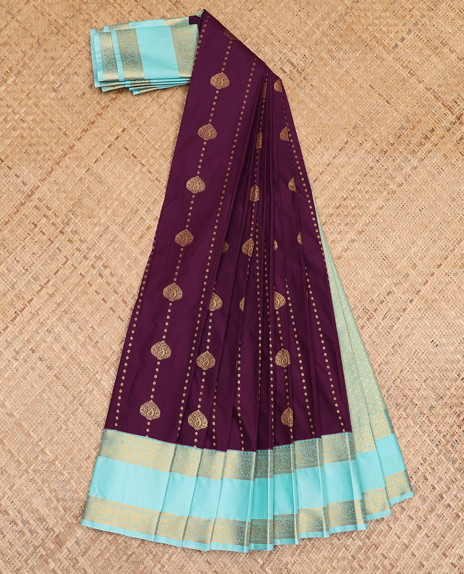 Purple zari design budget silk saree, contrast traditional zari rettai pettu border, and jaal pallu