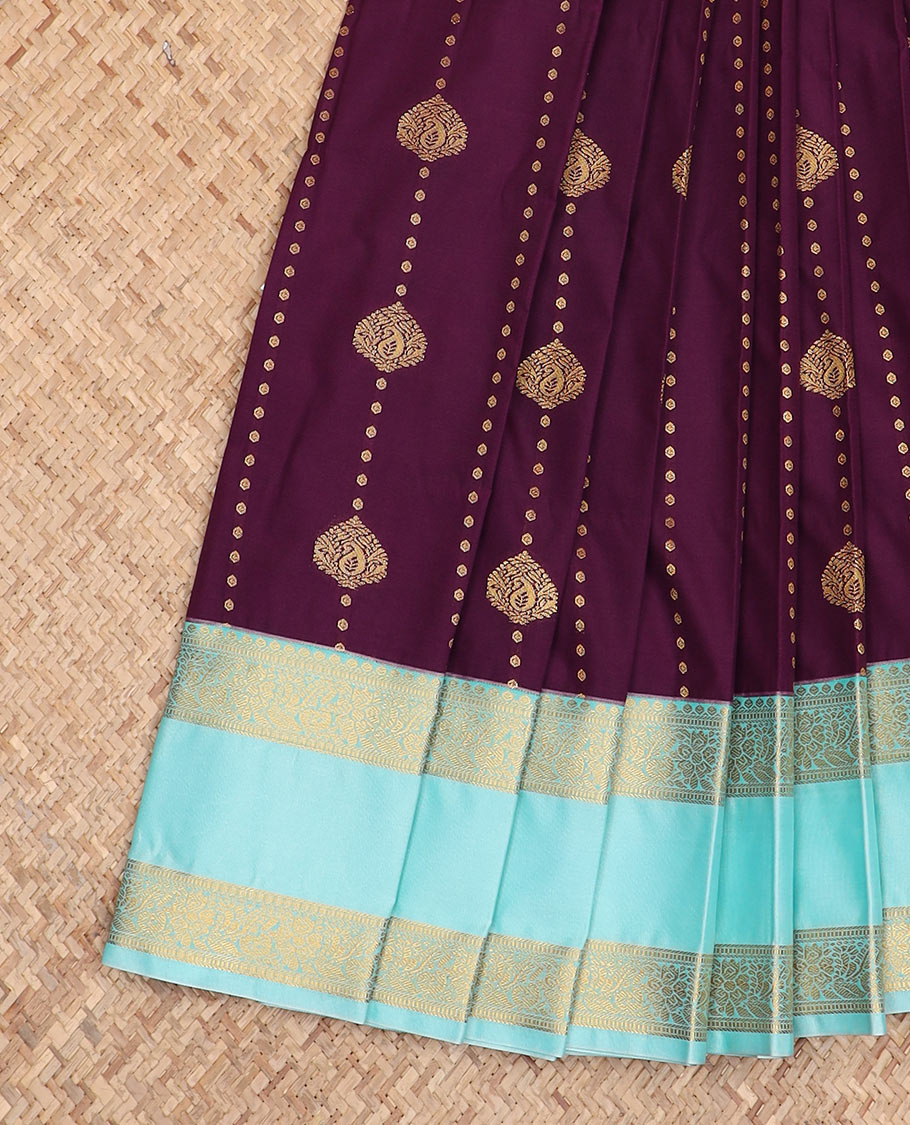 Purple zari design budget silk saree, contrast traditional zari rettai pettu border, and jaal pallu