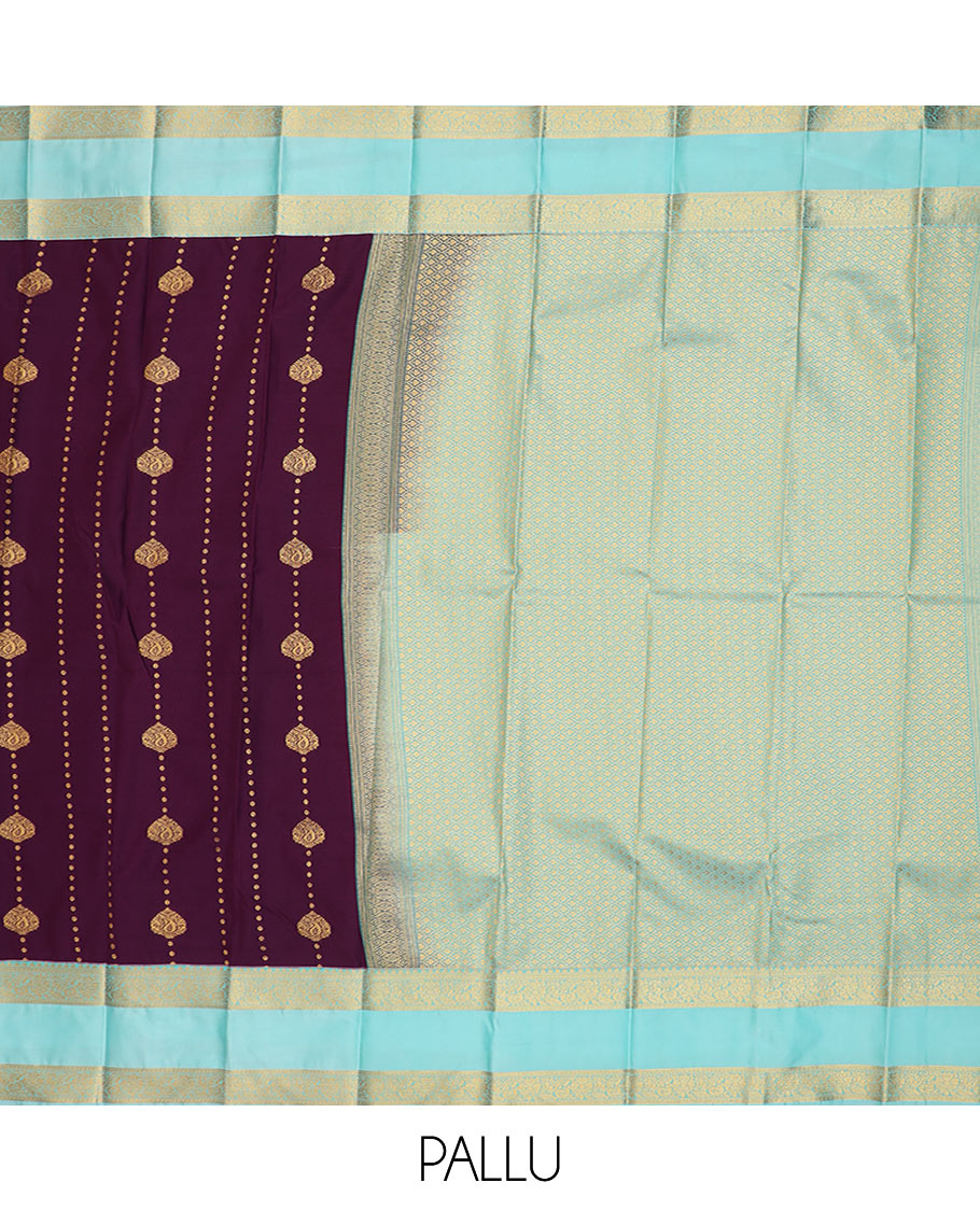 Purple zari design budget silk saree, contrast traditional zari rettai pettu border, and jaal pallu