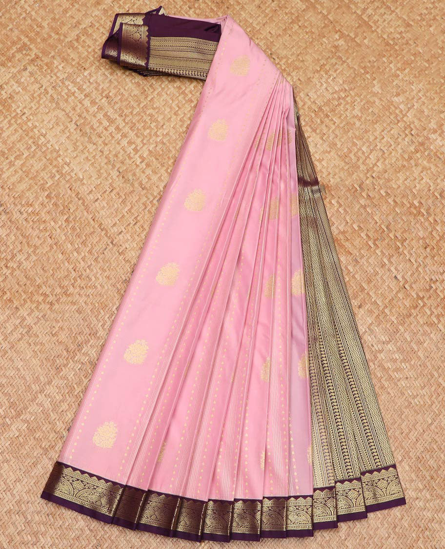Pink Budget Silk Saree, Highlighted by Zari Designs, Complemented by a Contrast Traditional Border of Peacock Designs, Pallu Steeped with Traditional Designs, and Paired with a Contrast Blouse