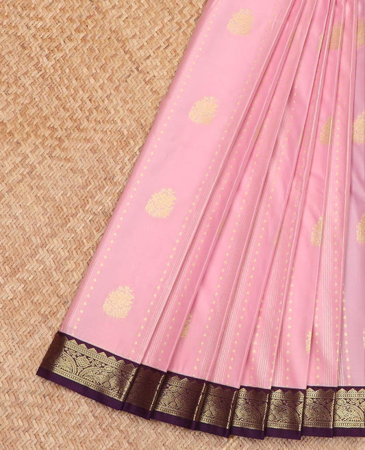 Pink Budget Silk Saree, Highlighted by Zari Designs, Complemented by a Contrast Traditional Border of Peacock Designs, Pallu Steeped with Traditional Designs, and Paired with a Contrast Blouse