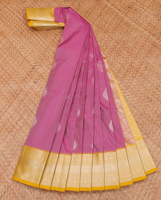 Pink zari striped and buttas budget silk saree, contrast traditional zari border, and jaal pallu