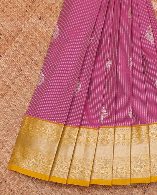 Pink zari striped and buttas budget silk saree, contrast traditional zari border, and jaal pallu