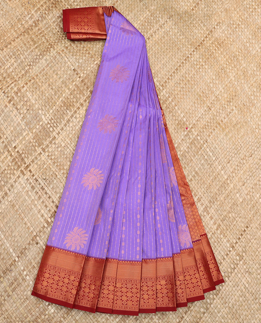 Lavender Budget Silk Saree Subtly Sparked Zari Designs, Complemented by a Contrast Traditional Zari-Design Border, Pallu Adorned with Jaal Designs, and Paired with a Contrast Blouse