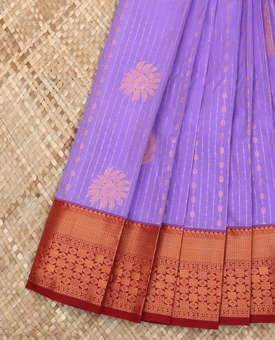 Lavender Budget Silk Saree Subtly Sparked Zari Designs, Complemented by a Contrast Traditional Zari-Design Border, Pallu Adorned with Jaal Designs, and Paired with a Contrast Blouse