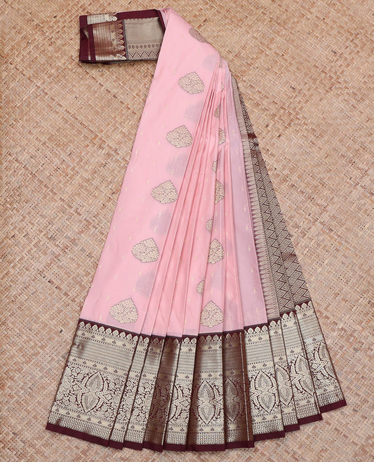 Pink Budget Silk Saree, Highlighted by Buttas All Over Its Body, Complemented by a Contrast Traditional Zari Design Border, Majestically Detailed Pallu, and Paired with a Contrast Blouse