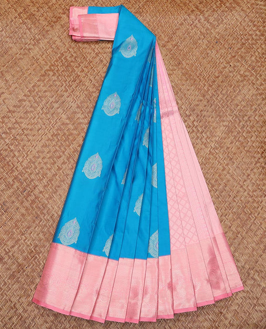 Blue Budget Silk Saree, Graced with Zari Buttas All Over Its Body, Complemented by a Contrast Traditional Zari Design Border, Sparsely Woven Jaal Pallu, and Paired with a Contrast Blouse