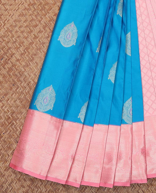 Blue Budget Silk Saree, Graced with Zari Buttas All Over Its Body, Complemented by a Contrast Traditional Zari Design Border, Sparsely Woven Jaal Pallu, and Paired with a Contrast Blouse