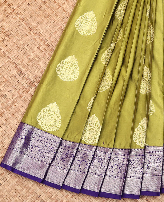 Green Budget Silk Saree, Decorated with Zari Buttas All Over Its Body, Complemented by a Contrast Traditional Zari Design Border, Grand Jaal Pallu, and Paired with a Contrast Blouse