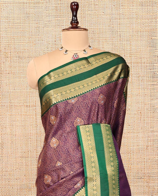 Purple Budget Silk Saree, Enriched with Zari Designs, Complemented by Contrast Traditional Rettai Pettu Border, Intricately Designed Pallu, and a Contrast Blouse