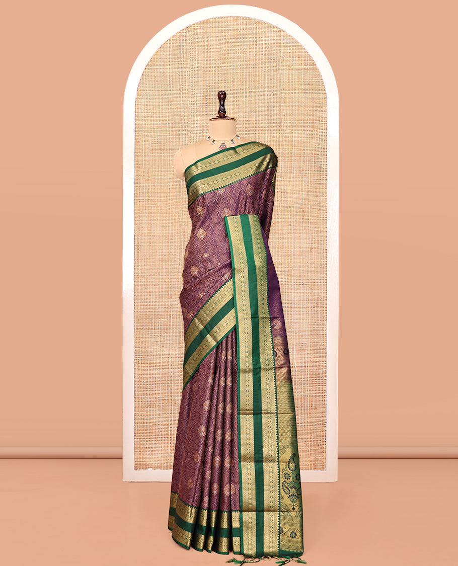 Purple Budget Silk Saree, Enriched with Zari Designs, Complemented by Contrast Traditional Rettai Pettu Border, Intricately Designed Pallu, and a Contrast Blouse