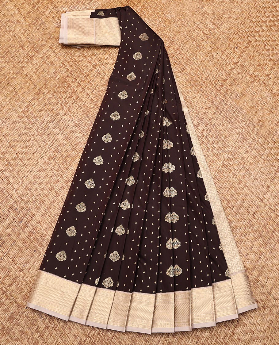 Brown Budget Silk Saree, Steeped with Zari Buttas, Complemented by a Contrast Traditional Zari Border, Grand Pallu, and a Contrast Blouse