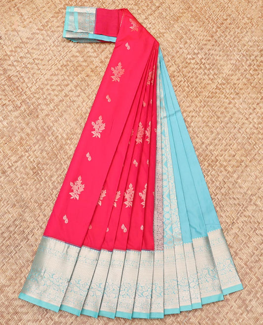 Pink Budget Silk Saree, Prettified with Zari Buttas, Complemented by a Contrast Traditional Zari Border, Grand Pallu, and a Contrast Blouse