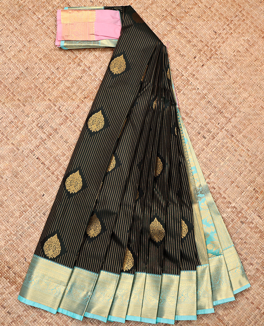 Green Budget Silk Saree, Embellished with Zari Buttas and Stripes, a Contrast Traditional Zari Border, Intricate Pallu, and a Contrast Blouse