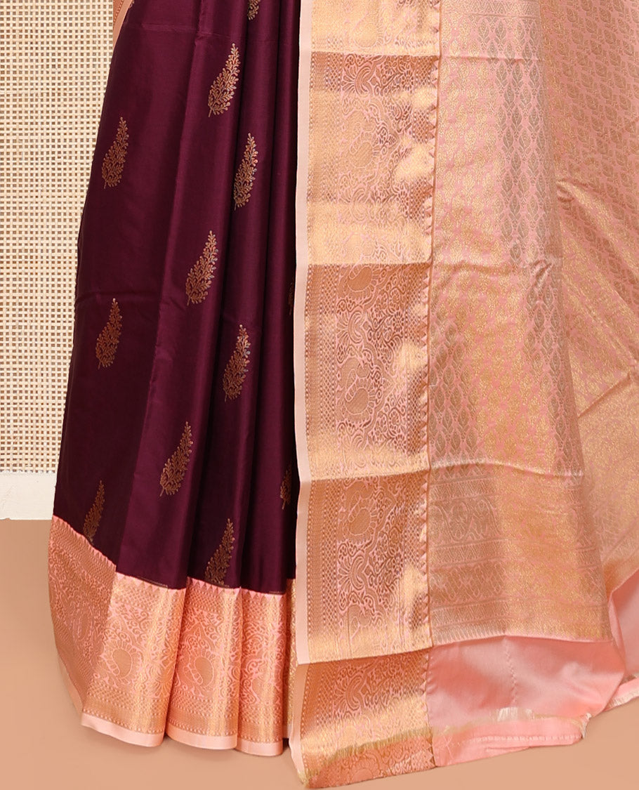 Maroon Budget Silk Saree, Decked Up with Zari Buttas, Complemented by a Contrast Traditional Zari Border, Grand Pallu, and Contrast Blouse