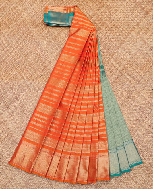 Orange Budget Silk Saree, Richly Detailed with Zari Buttas All Over Its Body, Highlighted by Traditional Zari Designs Woven Border, Contrast Grand Pallu and Paired with a Contrast Blouse