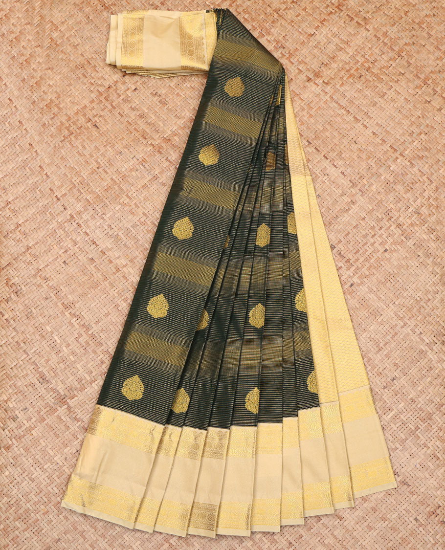 Green Budget Silk Saree, Detailed with Zari Buttas and Zari Stripes All Over Its Body, Complemented by a Contrast Traditional Zari Design Rettai Pettu Border, Delicately Woven Jaal Pallu, and Paired with a Contrast Blouse
