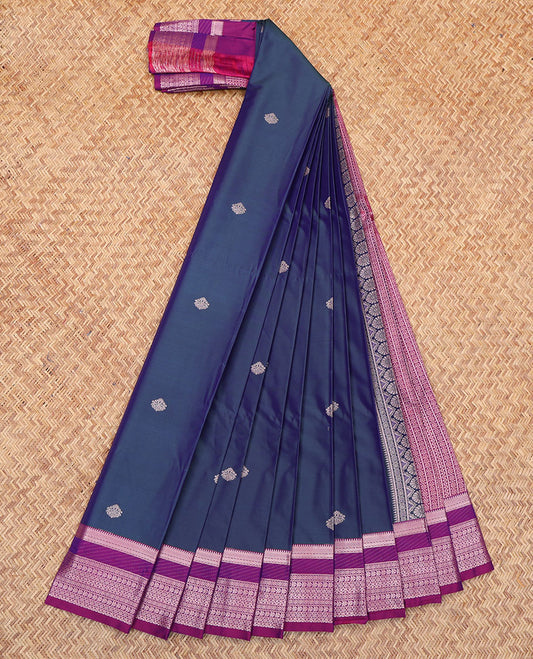 Blue Budget Silk Saree, Finely Crafted with Zari Buttas All Over Its Body, Complemented by a Contrast Traditional Zari Design Border, Intricately Designed Pallu, and Paired with a Contrast Blouse